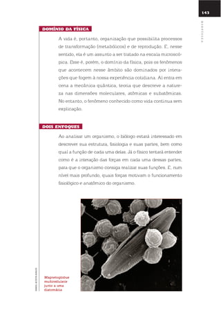 143
domínio da física
A vida é, portanto, organização que possibilita processos
de transformação (metabólicos) e de reprodução. e, nesse
sentido, ela é um assunto a ser tratado na escala microscó-
pica. esse é, porém, o domínio da física, pois os fenômenos
que acontecem nesse âmbito são dominados por intera-
ções que fogem à nossa experiência cotidiana. Aí entra em
cena a mecânica quântica, teoria que descreve a nature-
za nas dimensões moleculares, atômicas e subatômicas.
no entanto, o fenômeno conhecido como vida continua sem
explicação.
dois EnfoQuEs
Ao analisar um organismo, o biólogo estará interessado em
descrever sua estrutura, fisiologia e suas partes, bem como
qual a função de cada uma delas. Já o físico tentará entender
como é a interação das forças em cada uma dessas partes,
para que o organismo consiga realizar suas funções. e, num
nível mais profundo, quais forças motivam o funcionamento
fisiológico e anatômico do organismo.
Biofísica
magnetoglobus
multicellularis
junto a uma
diatomácia
DANIELACOSTAAVALOS
 