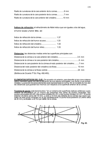 159
Radio de curvaturas de la cara anterior de la cornea..............8 mm
Radio de curvatura de la cara posterior de la cornea..............7 mm
Radio de curvatura de la cara anterior del cristalino..............10 mm
Índices de refracción: el refractómetro de Abbé indica que son iguales a los del agua,
el humor acuoso y humor vítreo, así:
Índice de refracción de la córnea.............................. 1.37
Índice de refracción del humor acuoso..................... 1.33
Índice de refracción del cristalino............................. 1.42
Índice de refracción del humor vitreo....................... 1.33
Distancias: las distancias medias entre las superficies principales son:
Distancia de la córnea a la cara anterior del cristalino.......................................3.5 mm
Distancia de la córnea a la cara posterior del cristalino........................................8 mm
Distancia de la cara posterior de la córnea al nodo posterior del cristalino..........7 mm
Distancia del nodo posterior del cristalino a la fóvea......................................... 15 mm
Distancia de la córnea a la fóvea central.............................................................24 mm
(Biofísica de Cicardo 7ª Ed. Pag. 492-493).
ELEMENTOSOPTICOS DEL OJO.- De acuerdo a lo anterior, para describir al ojo como sistema
óptico centrado basta con dar la ubicación de sus planos principales, sus focos y sus puntos
nodales. La posición de estos elementos está representada en la Fig. 63; en la tabla A-2 se dan
las distancias que guardan los mismos con respecto a la superficie anterior de la córnea.
Teorema de gauss:este teorema dice: "en un sistema de superficies ópticas esféricas cuyos
centros se encuentran en un mismo eje presentan tres pares de puntos cardinales: dos
puntos principales (My M’), dos puntos nodales (Q y Q’) y dos puntos focales (X y X’)". El punto
anterior (X) tiene cerca del 15 mm, y está a 13 mm por delante de la córnea; los rayos que
salen de este punto emergen en el ojo paralelamente. El punto focal posterior (X’) tiene cerca
de 20 mm y se localiza a 22 mm por detrás de la córnea.
Fig. 63.
 