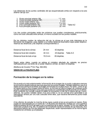 160
Las distancias de los puntos cardinales del ojo esquematizado arriba con respecto a la cara
anterior del ojo son:
1. Punto principal anterior (M).....................................1,7 mm
2. Punto principal posterior (M')......................................2 mm
3. Punto nodal anterior (Q).............................................7 mm
4. Punto nodal posterior (Q')........................................7.3 mm
5. Foco principal anterior (X).........................................13 mm Tabla A-2
6. Foco principal posterior (X').......................................22 mm
Los dos puntos principales están tan próximos que pueden considerarse, prácticamente,
como uno solo colocado entre ambos, lo mismo sucede con los puntos nodales.
De los distintos medios de refracción del ojo, la córnea es el que más interviene en la
formación de imágenes, pues debido a su menor distancia focal tiene mayor poder dióptrico.
Veamos las distancias y las dioptrías correspondientes a:
Distancia focal de la córnea 24 mm 42 dioptrías
Distancia focal del cristalino 44 mm 23 dioptrías Tabla A-3
Distancia focal de todo el ojo 15.5 mm 65 dioptrías.
Según estos datos, cuando se extirpa el cristalino afectado de catarata, es preciso
reemplazarlo por una lente de un poder dióptrico similar, es decir 23 dioptrías.
(Biofísica de Cicardo 7ª Ed. Pag. 492-493)
VISION DE LA FIGURAPLANA
Formación de la imagen en la retina
De acuerdo a lo visto anteriormente, la formación de la imagen de un punto cualquiera siempre
se encuentra situada sobreel rayo que pasa por los puntos nodales. También sabemos,que si el
objeto se encuentra en el infinito, la imagen se formará en el plano focal. Por tanto, como el ojo
en reposo tiene su foco imagen sobre la retina, se formará en ella la imagen de cualquier punto
situado suficientementelejos como para que pueda serconsiderado prácticamente en el infinito.
Esta condición se cumple cuando el objeto se encuentra a más de 6 metros del ojo. Como,
además, los puntos nodales distan muy poco entre sí, no se comete error apreciable si se
reemplazan ambos por uno solo colocado entre ellos, que nosotros llamaremos punto nodal
equivalente.
A los efectos de estudiar la marcha de los rayos cuando el ojo se encuentra en reposo. Éste
puede ser reemplazado por un medio de 1,33 de índice de refracción, limitado por una superficie
esférica anterior de 5 mm de radio y por la superficie de la retina, situada 15 mm por detrás del
centro de curvatura (Fig. 64). El sistema así constituido recibe el nombre de ojo reducido. Sus
elementos ópticos,asícom las distancias respectivas, están representados en la misma figura
mediante los símbolos ya empleados.
 