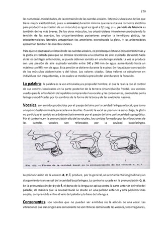 179
lasnumerosasmodalidades,de lacontracciónde lascuerdas vocales.Este músculoesunode los que
tiene mayor excitabilidad, pues su cronaxia (duración mínima que necesita una corriente eléctrica
para producir la excitación de un músculo) es igual es igual a 0,1 seg, y su periodo de latencia es
también de los más breves. De los otros músculos, los cricotiroideos intervienen produciendo la
tensión de las cuerdas, los cricoaritenoideos posteriores amplían la hendidura glótica, los
cricoaritenoideos laterales antagonizan los anteriores estrechando la glotis, y los aritenoideos
aproximan también las cuerdas vocales.
Para que se produzca la vibraciónde lascuerdasvocales,esprecisoque éstasse encuentrentensas y
la glotis estrechada para que se ofrezca resistencia a la columna de aire espirado. Llevando hacia
atrás loscartílagos aritenoides, se puede obtener sonidos en una laringe aislada. La voz se produce
con una presión de aire espirado variable entre 140 y 240 mm de agua, aumentando hasta un
máximocon945 mm de agua. Esta presiónse obtiene durante la espiración forzada por contracción
de los músculos abdominales y del tórax. Los valores citados. Estos valores se obtuvieron en
individuos con traquetomías, a los cuales se medía la presión del aire durante la fonación.
La palabra: la palabraesla voz articulada yes propiadel hombre, el que la realiza con el control
de sus centros localizados en la parte posterior de la tercera circunvolución frontal. Los sonidos
usadospara la articulaciónde lapalabracomprendenlasvocalesylasconsonantes,producidasporla
laringe y modificadas por los cambios de la forma de la boca y de las cavidades nasales.
Vocales: son sonidos producidos por el pasaje del aire por la cavidad faríngea o bucal, que toma
una posicióndeterminadaparacadauna de ellas. Cuando la vocal se pronuncia en voz baja, la glotis
no participayel sonidoesta dado exclusivamente por el pasaje del aire por la cavidad supraglótica.
Por el contrario,enla pronunciaciónaltade lasvocales, los sonidos formados por las vibraciones de
las cuerdas vocales son reforzados por la cavidad bucofaríngea.
La pronunciación de la vocales a, e, i, produce, por lo general, un acortamiento longitudinal y un
alargamiento transversal de la cavidad bucofaríngea. Lo contrario sucede en la pronunciación o, u.
En la pronunciación de e y de i, el dorso de la lengua se aplica contra la parte anterior del velo del
paladar, de manera que la cavidad bucal se divide en una porción anterior y otra posterior más
amplia, comprendida entre el velo del paladar y la base de la lengua.
Consonantes: son sonidos que no pueden ser emitidos sin la adición de una vocal. Las
vibracionesque danorigenana consonante nosonrítmicas como lasde lasvocales,sinoirregulares,
 