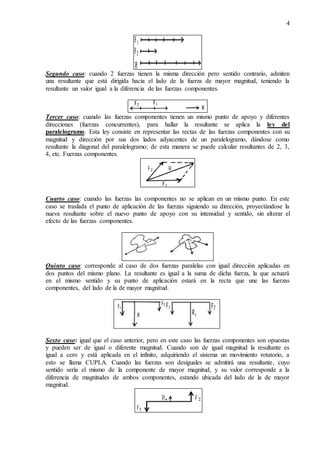 4
Segundo caso: cuando 2 fuerzas tienen la misma dirección pero sentido contrario, admiten
una resultante que está dirigida hacia el lado de la fuerza de mayor magnitud, teniendo la
resultante un valor igual a la diferencia de las fuerzas componentes.
Tercer caso: cuando las fuerzas componentes tienen un mismo punto de apoyo y diferentes
direcciones (fuerzas concurrentes), para hallar la resultante se aplica la ley del
paralelogramo. Esta ley consiste en representar las rectas de las fuerzas componentes con su
magnitud y dirección por sus dos lados adyacentes de un paralelogramo, dándose como
resultante la diagonal del paralelogramo; de esta manera se puede calcular resultantes de 2, 3,
4, etc. Fuerzas componentes.
Cuarto caso: cuando las fuerzas las componentes no se aplican en un mismo punto. En este
caso se traslada el punto de aplicación de las fuerzas siguiendo su dirección, proyectándose la
nueva resultante sobre el nuevo punto de apoyo con su intensidad y sentido, sin alterar el
efecto de las fuerzas componentes.
Quinto caso: corresponde al caso de dos fuerzas paralelas con igual dirección aplicadas en
dos puntos del mismo plano. La resultante es igual a la suma de dicha fuerza, la que actuará
en el mismo sentido y su punto de aplicación estará en la recta que une las fuerzas
componentes, del lado de la de mayor magnitud.
Sexto caso: igual que el caso anterior, pero en este caso las fuerzas componentes son opuestas
y pueden ser de igual o diferente magnitud. Cuando son de igual magnitud la resultante es
igual a cero y está aplicada en el infinito, adquiriendo el sistema un movimiento rotatorio, a
esto se llama CUPLA. Cuando las fuerzas son desiguales se admitirá una resultante, cuyo
sentido sería el mismo de la componente de mayor magnitud, y su valor corresponde a la
diferencia de magnitudes de ambos componentes, estando ubicada del lado de la de mayor
magnitud.
 