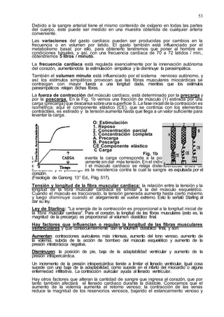 53
Debido a la sangre arterial tiene el mismo contenido de oxígeno en todas las partes
del cuerpo, éste puede ser medido en una muestra obtenida de cualquier arteria
conveniente.
Las variaciones del gasto cardiaco pueden ser producidas por cambios en la
frecuencia o en volumen por latido. El gasto también está influenciado por el
metabolismo basal; por ello, para obtenerlo tendremos que poner al hombre en
condiciones básales, y así, con una frecuencia cardiaca de 70 a 72 latidos / min.,
obtendremos 5 litros / minuto.
La frecuencia cardiaca está regulada esencialmente por la innervación autónoma
del corazón, aumentándola la estimulación simpática y la disminuye la parasimpática.
También el volumen minuto está influenciado por el sistema nervioso autónomo, y
así: los estímulos simpáticos provocan que las fibras musculares miocárdicas se
contraigan con mayor fuerza a una longitud dada, mientras que los estímulos
parasimpáticos relajan dichas fibras.
La fuerza de contracción del músculo cardiaco, está determinado por la precarga y
por la poscarga. En la Fig. 1b vemos una fracción de músculo (1) estirada por una
carga (precarga) que descansa sobreuna superficie S. La fase inicial de la contracción es
isométrica; aquí el componente elástico (CE), que se continúa con los elementos
contráctiles, es estirado y la tensión aumenta hasta que llega a un valor suficiente para
levantar la carga.
O: Estimulación
1. Reposo
2. Concentración parcial
3. Concentración completa
A. Precarga
B. Poscarga
CE Componente elástico
C Carga
Fig. 1a Fig. 1b
La tensión a la cual se levanta la carga corresponde a la poscarga. Entonces el
músculo se contrae isotónicamente sin dar más tensión. En el individuo vivo la precarga
es la extensión en la cual el músculo cardiaco se relaja distendiéndose antes de
contraerse y la poscarga es la resistencia contra la cual la sangre es expulsada por el
corazón.
(Fisiología de Ganong 13ª Ed., Pág. 517).
Tensión y longitud de la fibra muscular cardiaca: la relación entre la tensión y la
longitud de la fibra muscular cardiaca es similar a la del músculo esquelético.
Cuando el músculo es traccionado, la tensión generada aumenta hasta cierto máximo
y luego disminuye cuando el alargamiento se vuelve extremo. Esto lo señaló Starling al
dar su ley.
Ley de Starling: "La energía de la contracción es proporcional a la longitud inicial de
la fibra muscular cardiaca". Para el corazón, la longitud de las fibras musculares (esto es, la
magnitud de la precarga) es proporcional al volumen diastólico final.
Hay factores que influencian o regulan la longitud de las fibras musculares
ventriculares y que consecuentemente dan el volumen diastólico final, y son:
Aumentan: contracciones auriculares más intensas, aumento del tono venoso, aumento de
la volemia, subida de la acción de bombeo del músculo esquelético y aumento de la
presión intratorácica negativa.
Disminuyen: la posición de pie, baja de la adaptabilidad ventricular y aumento de la
presión intrapericárdica.
Un incremento de la presión intrapericárdica tiende a limitar el llenado ventricular. Igual cosa
sucede con una baja de la adaptabilidad, como sucede en el infarto del miocardio o alguna
enfermedad infiltrativa. La contracción auricular ayuda al llenado ventricular.
Hay otros factores que alteran la cantidad de sangre que ingresa al corazón, que por
tanto también afectará el llenado cardiaco durante la diástole. Conocemos que el
aumento de la volemia aumenta el retorno venoso; la contracción de las venas
reduce la magnitud de los reservorios venosos, bajando el estancamiento venoso y
 