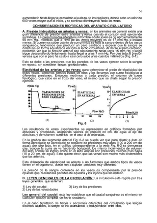 56
aumentando hasta llegar a un máximo a la altura de los capilares, donde tiene un valor de
600 veces mayor que al inicio, y se continua disminuyendo hacia las venas.
CONSIDERACIONES BIOFÍSICAS DEL APARATO CIRCULATORIO
A. Presión hidrostática en arterias y venas: en los animales en general existe una
gran diferencia de presión entre arterias y venas cuando el corazón está ejerciendo
su trabajo. La presiónmedia arterial en un hombre adulto joven es de aproximadamente
95 mm Hg., mientras que a nivel de las venas mayores es de 17 mm Hg. o incluso
menos. Si queremos saber cuánto de comprimida se halla la sangre dentro de los vasos
sanguíneos, tendremos que producir un paro cardiaco y esperar que la sangre se
distribuya en forma equilibrada en todo el lecho circulatorio. Al darse el paro cardiaco,
podemos ver que la presión arterial cae rápidamente hasta unos 15 mm Hg. y luego
sigue descendiendo lentamente, hasta llegar a unos 7 mm Hg. Por otro lado al presión
venosa que con el paro ha caído a casi cero sube unos cuantos milímetros (Fig. 6-1).
Esto se debe a las presiones que las paredes de los vasos ejercen sobre la sangre
en reposo, sin considerar fuerzas gravitacionales.
Elasticidad de las arterias y las venas: para determinar el grado de elasticidad de
estos vasos, tomamos sendos trozos de ellos y los llenamos con suero fisiológico a
diferentes presiones. Entonces medimos a cada presión, el volumen de suero
fisiológico, que cabe en el trozo del vaso, el mismo que se dilata según la presión
ejercida.
Fig. 6
Los resultados de estos experimentos se representan en gráficos formados por
abscisas y ordenadas, asignando valores de presión en cm. de agua al eje de
abscisas, y de volumen contenido en el vaso al de ordenadas.
En la gráfica del segmento arterial Fig. 6-2 se puede ver que para dilatar a éste en
forma apreciable se apreciable se requiere de presiones muy altas (100 a 200 cm de
agua); por otro lado, en el gráfico correspondiente a la vena Fig. 6-3 se demuestra
que, aunque la curva se va haciendo horizontal, los mismo incrementos de volumen
del lado arterial se logran ahora en el lado venoso con presiones muchos más bajas
(10 a 20 cm. de agua). Esto quiere decir, que las venas son mucho más distensibles
que las arterias.
Esta diferencia de elasticidad se adapta a las funciones que ambos tipos de vasos
tienen en el organismo, donde van a soportar presiones muy diferentes.
La presión de la sangre contenida en los vasos es compensada por la presión
opuesta que realizan las paredes de aquellos y los tejidos que los rodean.
B. LEYES GENERALES DE LA CIRCULACIÓN: La circulación está regida por tres
leyes generales, que se llaman:
1) Ley del caudal 3) Ley de las presiones
2) Ley de las velocidades
Ley general del caudal: esta ley establece que el caudal sanguíneo es el mismo en
cualquier sección completa del lecho circulatorio.
En el caso hipotético de haber 2 secciones diferentes del circulatorio que tengan
distintos caudales, la sangre se iría acumulando o excluyéndose entre ellas.
 