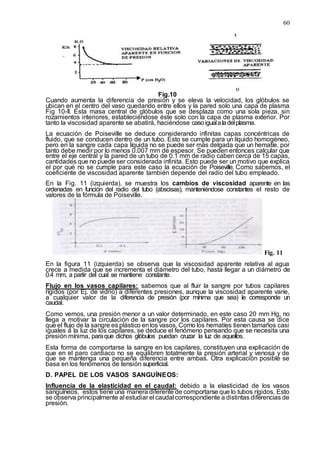 60
Fig.10
Cuando aumenta la diferencia de presión y se eleva la velocidad, los glóbulos se
ubican en el centro del vaso quedando entre ellos y la pared solo una capa de plasma
Fig 10-II. Esta masa central de glóbulos que se desplaza como una sola pieza, sin
rozamientos interiores, estableciéndose éste solo con la capa de plasma exterior. Por
tanto la viscosidad aparente se abatirá, haciéndose casoigualaladelplasma.
La ecuación de Poiseville se deduce considerando infinitas capas concéntricas de
fluido, que se conducen dentro de un tubo. Esto se cumple para un líquido homogéneo,
pero en la sangre cada capa líquida no se puede ser más delgada que un hematíe, por
tanto debe medir por lo menos 0.007 mm de espesor. Se pueden entonces calcular que
entre el eje central y la pared de un tubo de 0.1 mm de radio caben cerca de 15 capas,
cantidades que no puede ser considerada infinita. Esto puede ser un motivo que explica
el por qué no se cumple para este caso la ecuación de Poiseville. Como sabemos, el
coeficiente de viscosidad aparente también depende del radio del tubo empleado.
En la Fig. 11 (izquierda), se muestra los cambios de viscosidad aparente en las
ordenadas en función del radio del tubo (abscisas), manteniéndose constantes el resto de
valores de la fórmula de Poiseville.
Fig. 11
En la figura 11 (izquierda) se observa que la viscosidad aparente relativa al agua
crece a medida que se incrementa el diámetro del tubo, hasta llegar a un diámetro de
0.4 mm, a partir del cual se mantiene constante.
Flujo en los vasos capilares: sabemos que al fluir la sangre por tubos capilares
rígidos (por Ej. de vidrio) a diferentes presiones, aunque la viscosidad aparente varíe,
a cualquier valor de la diferencia de presión (por mínima que sea) le corresponde un
caudal.
Como vemos, una presión menor a un valor determinado, en este caso 20 mm Hg, no
llega a motivar la circulación de la sangre por los capilares. Por esta causa se dice
que el flujo de la sangre es plástico enlos vasos. Como los hematíes tienen tamaños casi
iguales a la luz de los capilares, se deduce el fenómeno pensando que se necesita una
presión mínima, paraque dichos glóbulos puedan cruzar la luz de aquellos.
Esta forma de comportarse la sangre en los capilares, constituyen una explicación de
que en el paro cardiaco no se equilibren totalmente la presión arterial y venosa y de
que se mantenga una pequeña diferencia entre ambas. Otra explicación posible se
basa en los fenómenos de tensión superficial.
D. PAPEL DE LOS VASOS SANGUÍNEOS:
Influencia de la elasticidad en el caudal: debido a la elasticidad de los vasos
sanguíneos, estos tiene una manera diferente de comportarse que lo tubos rígidos. Esto
se observa principalmente al estudiar el caudal correspondiente a distintas diferencias de
presión.
 