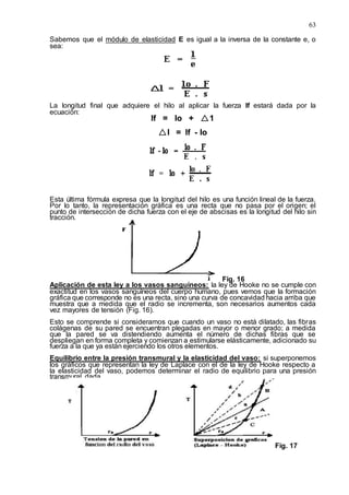 63
Sabemos que el módulo de elasticidad E es igual a la inversa de la constante e, o
sea:
La longitud final que adquiere el hilo al aplicar la fuerza lf estará dada por la
ecuación:
lf = lo + 1
l = lf - lo
Esta última fórmula expresa que la longitud del hilo es una función lineal de la fuerza.
Por lo tanto, la representación gráfica es una recta que no pasa por el origen; el
punto de intersección de dicha fuerza con el eje de abscisas es la longitud del hilo sin
tracción.
Fig. 16
Aplicación de esta ley a los vasos sanguíneos: la ley de Hooke no se cumple con
exactitud en los vasos sanguíneos del cuerpo humano, pues vemos que la formación
gráfica que corresponde no es una recta, sino una curva de concavidad hacia arriba que
muestra que a medida que el radio se incrementa, son necesarios aumentos cada
vez mayores de tensión (Fig. 16).
Esto se comprende si consideramos que cuando un vaso no está dilatado, las fibras
colágenas de su pared se encuentran plegadas en mayor o menor grado; a medida
que la pared se va distendiendo aumenta el número de dichas fibras que se
despliegan en forma completa y comienzan a estimularse elásticamente, adicionado su
fuerza a la que ya están ejerciendo los otros elementos.
Equilibrio entre la presión transmural y la elasticidad del vaso: si superponemos
los gráficos que representan la ley de Laplace con el de la ley de Hooke respecto a
la elasticidad del vaso, podemos determinar el radio de equilibrio para una presión
transmural dada.
Fig. 17
 