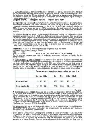 74
2- Aire atmosférico: considerando al aire atmosférico SECO es sensiblemente igual
en los diferentes lugares de la tierra y a distintas alturas sobre el nivel del mar. Está
formado por cerca de 1/5 de oxígeno, 4/5 de nitrógeno y una pequeña fracción de
dióxido de carbono; los otros gases que lo componen, salvo el vapor de agua, no juegan
ningún papel de importancia.
Oxígeno 20.94% Nitrógeno 79.02% Dióxido de C. 0.04%
Composición porcentual en volumen del aire atmosférico seco: Siempre el aire
atmosférico contiene una cierta cantidad de vapor de agua, lo que depende de la
humedad relativa y de la temperatura; por Ej.: a 16° C y con una humedad relativa del
40% el vapor de agua es de un 0.7% en volumen. En este caso, obviamente, los
porcentajes de los otros gases son ligeramente inferiores a los mostrados en la tabla
superior.
En realidad lo que se altera con la altura es la presión parcial de cada componente
gaseoso, y recordando la ley de Dalton de las presiones parciales que dice que en una
mezcla de varios gases que no reaccionanentre sí, la presión total es igual a la suma de
las presiones parciales, y además si tenemos en cuenta que el aire atmosférico ejerce
sobre los cuerposuna presiónde 760 mm Hg., entonces esta presión estará dada por la
suma de las presiones de los distinto gases que lo componen, conforme sus
respectivas concentraciones; así por Ej.: el oxígeno que se encuentra a 20.94%
desarrollará una presión igual a 158 mm Hg.
Problema: ¿Cuál es la presión parcial de oxígeno a nivel del mar?
Entonces realizamos una regla de tres.
760 100%
PO2 20,78 PO2 = 20,78 x 760 / 100 = 157,93 mmHg
De la misma manera que con el oxígeno, podremos calcular el resto de los
componentes.
3- Aire alveolar y aire espirado: en la composición del aire alveolar y espirado, así
como las presiones parciales correspondientes, se observa que si bien las presiones
parciales del oxígeno, del nitrógeno y del CO2 son diferentes en los dos aires, la
presión parcial del, vapor de agua es igual en ambas. Esto se explica, porque en el
interior de las cavidades aéreas hay humedad y se encuentra a 37° C; tanto el aire
alveolar como el espirado se hallan saturados de vapor de agua a esa temperatura
Porcentajes presiones parciales en mm Hg.
02 N2 C02 02 N2 C02 H20
Aire alveolar 13 75 5.3 100 573 40 47
Aire espirado 15 74 4.2 118 565 32 47
Tabla 1
4- Eliminación del vapor de agua: se ha visto que la presión parcial del vapor de
agua en el aire atmosférico es usualmente mucho menor que el aire espirado. Esto
quiere decir, que el organismo por la respiración está perdiendo constantemente
agua en forma de vapor. La cantidad de agua que se pierde diariamente por este
mecanismo depende de la humedad atmosférica; por Ej.: para una presión parcial de
vapor en la atmósfera de 7 mm Hg. la pérdida es de alrededor de 400cc. Para
comprender mejor este fenómeno analicemos el estado de vapor atmosférico.
(Biofísica de Frumento 2ª Ed., Pag 262).
EVAPORACION: es el escape de las molécula de la superficie de un líquido contra
las fuerza de la atracción molecular. La evaporación se produce con cualquier
temperatura y se acelera con el vacío.
Si se coloca un líquido en un recipiente cerrado, el vapor producido se va a acumular
por encima del líquido, hasta que se llega a establecer un estado de equilibrio entre
el líquido y su vapor, es decir que no hay vaporización ni condensación. En estas
circunstancias, el número de moléculas que se evaporan es igual al de las que
vuelven a la masa líquida. Cuando se ha alcanzado este equilibrio, se dice que el
 