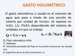 GASTO VOLUMÉTRICO 
El gasto volumétrico o caudal es el volumen de 
agua que pasa a través de una sección de 
tubería por unidad de tiempo. Se expresa en 
m3/s, L/s, Pie3/s dependiendo del sistema de 
unidades en que se trabaje. 
Q = V/t = vA 
A= D2Xπ/4 
INTINT 
Q: Flujo volumétrico m3/s 
V: Volumen 
V: Velocidad promedia del flujo en la sección transversal de estudio 
m/s 
A: Superficie de la sección transversal m2 
 