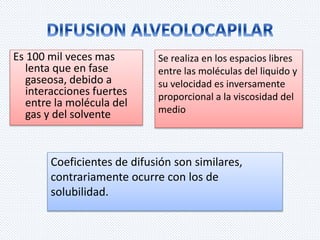 Es 100 mil veces mas 
lenta que en fase 
gaseosa, debido a 
interacciones fuertes 
entre la molécula del 
gas y del solvente 
Se realiza en los espacios libres 
entre las moléculas del liquido y 
su velocidad es inversamente 
proporcional a la viscosidad del 
medio 
Coeficientes de difusión son similares, 
contrariamente ocurre con los de 
solubilidad. 
 