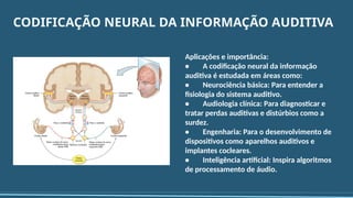 CODIFICAÇÃO NEURAL DA INFORMAÇÃO AUDITIVA
Aplicações e importância:
• A codificação neural da informação
auditiva é estudada em áreas como:
• Neurociência básica: Para entender a
fisiologia do sistema auditivo.
• Audiologia clínica: Para diagnosticar e
tratar perdas auditivas e distúrbios como a
surdez.
• Engenharia: Para o desenvolvimento de
dispositivos como aparelhos auditivos e
implantes cocleares.
• Inteligência artificial: Inspira algoritmos
de processamento de áudio.
 