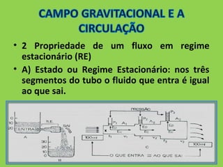 • 2 Propriedade de um fluxo em regime 
estacionário (RE) 
• A) Estado ou Regime Estacionário: nos três 
segmentos do tubo o fluido que entra é igual 
ao que sai. 
 