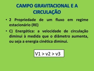 • 2 Propriedade de um fluxo em regime 
estacionário (RE) 
• C) Energética: a velocidade de circulação 
diminui à medida que o diâmetro aumenta, 
ou seja a energia cinética diminui. 
V1 > v2 > v3 
 