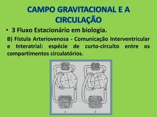 • 3 Fluxo Estacionário em biologia. 
B) Fístula Arteriovenosa - Comunicação Interventricular 
e Interatrial: espécie de curto-circuito entre os 
compartimentos circulatórios. 
 