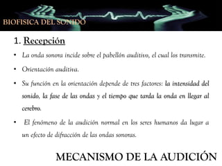 BIOFISICA DEL SONIDO

1. Recepción
• La onda sonora incide sobre el pabellón auditivo, el cual los transmite.
• Orientación auditiva.
• Su función en la orientación depende de tres factores: la intensidad del
sonido, la fase de las ondas y el tiempo que tarda la onda en llegar al

cerebro.
•

El fenómeno de la audición normal en los seres humanos da lugar a
un efecto de difracción de las ondas sonoras.

MECANISMO DE LA AUDICIÓN

 