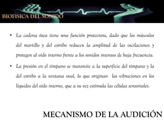 BIOFISICA DEL SONIDO
• La cadena ósea tiene una función protectora, dado que los músculos

del martillo y del estribo reducen la amplitud de las oscilaciones y
protegen al oído interno frente a los sonidos intensos de baja frecuencia.
• La presión en el tímpano se transmite a la superficie del tímpano y la
del estribo a la ventana oval, lo que originan las vibraciones en los
líquidos del oído interno, que a su vez estimula las células sensoriales.

MECANISMO DE LA AUDICIÓN

 