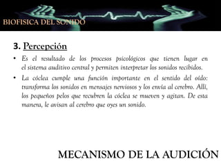 BIOFISICA DEL SONIDO

3. Percepción
• Es el resultado de los procesos psicológicos que tienen lugar en
el sistema auditivo central y permiten interpretar los sonidos recibidos.
• La cóclea cumple una función importante en el sentido del oído:
transforma los sonidos en mensajes nerviosos y los envía al cerebro. Allí,
los pequeños pelos que recubren la cóclea se mueven y agitan. De esta
manera, le avisan al cerebro que oyes un sonido.

MECANISMO DE LA AUDICIÓN

 