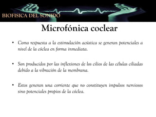 BIOFISICA DEL SONIDO

Microfónica coclear
• Como respuesta a la estimulación acústica se generan potenciales a
nivel de la cóclea en forma inmediata.

• Son producidos por las inflexiones de los cilios de las células ciliadas
debido a la vibración de la membrana.
• Estos generan una corriente que no constituyen impulsos nerviosos
sino potenciales propios de la cóclea.

 