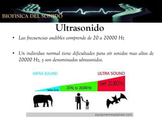 BIOFISICA DEL SONIDO

Ultrasonido
• Las frecuencias audibles comprende de 20 a 20000 Hz
• Un individuo normal tiene dificultades para oír sonidos mas altos de
20000 Hz, y son denominados ultrasonidos.

 