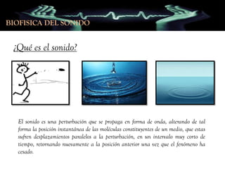 BIOFISICA DEL SONIDO

¿Qué es el sonido?

El sonido es una perturbación que se propaga en forma de onda, alterando de tal
forma la posición instantánea de las moléculas constituyentes de un medio, que estas
sufren desplazamientos paralelos a la perturbación, en un intervalo muy corto de
tiempo, retornando nuevamente a la posición anterior una vez que el fenómeno ha
cesado.

 