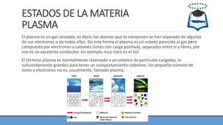 ESTADOS DE LA MATERIA
PLASMA
El plasma es un gas ionizado, es decir, los átomos que lo componen se han separado de algunos
de sus electrones o de todos ellos. De esta forma el plasma es un estado parecido al gas pero
compuesto por electrones y cationes (iones con carga positiva), separados entre sí y libres, por
eso es un excelente conductor. Un ejemplo muy claro es el Sol.
El término plasma es normalmente reservado a un sistema de partículas cargadas, lo
suficientemente grandes para tener un comportamiento colectivo. Un pequeño número de
iones y electrones no es, usualmente, llamado plasma.
 
