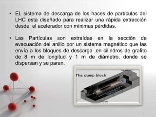 Powerpoint Templates
Page 6
• EL sistema de descarga de los haces de partículas del
LHC esta diseñado para realizar una rápida extracción
desde el acelerador con mínimas pérdidas.
• Las Partículas son extraídas en la sección de
evacuación del anillo por un sistema magnético que las
envía a los bloques de descarga .en cilindros de grafito
de 8 m de longitud y 1 m de diámetro, donde se
dispersan y se paran.
 
