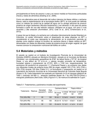 Desempeño productivo el bicultivo de cachama blanca Piaractus brachypomus, tilapia nilótica Oreochromis
niloticus y la composición nutricional del biofloc alimentadas con proteína de origen vegetal
19
principalmente en forma de amonio o urea y en menor medida en fracciones particuladas
(heces y restos de alimentos) (Ebeling et al., 2006).
Como una alternativa para el desarrollo del cultivo intensivo de tilapia nilótica y cachama
blanca, está la implementación de la tecnología biofloc (BFT), la cual puede ser definida
como un método de control de la calidad de agua con la ventaja adicional de producir
proteína de origen bacteriano (flóculos bacterianos) y ser alimento in situ para los peces
formados a partir de una alta relación carbono: nitrógeno en el agua, con poco o nulo
recambio y alta aireación (Avnimelech, 2012; Crab et al., 2012; Emerenciano et al.,
2013).
A pesar de que la tilapia y la cachama son cultivadas intensivamente (jaulas flotantes) en
Colombia, no existe información sobre el desempeño de estas especies en BFT y
considerando el costo que representa la alimentación en la producción piscícola se
plantea como objetivo evaluar el bicultivo de cachama blanca y tilapia nilótica en BFT
alimentadas con dietas de diferentes niveles de proteína bruta de origen vegetal; de igual
manera conocer la composición nutricional del biofloc en cultivo.
5.4 Materiales y métodos
El estudio se realizó en el Instituto de Investigación Piscícola de la Universidad de
Córdoba (CINPIC) ubicado en Montería (Córdoba), ubicado en el municipio de Montería
(Córdoba), con coordenadas geográficas de 8º48´ de latitud Norte y 75º 22´ de longitud
Oeste, a una altitud de 15 m.s.n.m. y valores anuales promedio de temperatura,
humedad relativa y precipitación de 27.5ºC, 85% y 1100 mm, respectivamente. Se
sembraron 80 peces/m3 en proporción 1:1 (Cachama:Tilapia) y se probaron tres dietas
con diferentes niveles de proteína bruta (PB) de origen vegetal 16% (T16), 24% (T24) y
32% (T32) durante 120 días (Tabla 5-1). La formulación y preparación se realizó en el
Laboratorio de Nutrición Acuícola de la Universidad Nacional de Colombia Sede Bogotá
(Anexo A, B). Cada tratamiento fue evaluado por triplicado (n=3) en tanques plásticos de
1000 L (volumen útil 800 L), aireación mediante blower de 1 hp (HG-750-C2-China) y
manguera polidifusora (Aero-tube, USA) (Figura 5-1). Se mantuvo la salinidad en 3 ppm.
Tabla 5-1: Tratamientos y parámetros iniciales del experimento.
Tratamiento Réplicas
Densidad
(peces/m3
)
Días
cultivo
Cachama blanca Tilapia nilótica
Wt inicial
(g)
Lt inicial
(cm)
Wt inicial
(g)
Lt inicial
(cm)
T16 (16% PB) 3 80 120 35.2±1.1 12.3±0.2 4.4±0.3 6.3±0.2
T24 (24% PB) 3 80 120 39.2±1.6 12.7±0.1 4.5±0.1 6.3±0.1
T32 (32% PB) 3 80 120 33.4±0.9 12.1±0.1 4.1±0.4 6.1±0.2
 