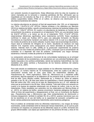 52 Caracterización de comunidades planctónicas y bacterias heterotróficas asociadas al cultivo de
cachama blanca Piaractus brachypomus y tilapia nilótica Oreochromis niloticus en sistema biofloc
con variación durante el experimento. Estas diferencias entre los días de muestreo se
vieron marcadas por la remoción o cosechas periódicas del floc, afirmación que es
respaldada por los estudios de Ray et al., (2012), en donde al reducir la cantidad de
sólidos suspendidos totales (TSS) en el cultivo, se observa una disminución en la
abundancia bacteriana del sistema.
La máxima abundancia se alcanzó al final del experimento (día 120), en el tratamiento
con T32%, 1,5x106
±1,6 x105
UFC/ml. Valores similares a los obtenidos por Merchán
(2014) en sistema de biofloc, reportó concentraciones máximas de bacterias totales entre
1,30x106
y 1,60x107
UFC/ml. En cuanto a la abundancia de bacterias en función de la
concentración de proteína, se presentó en el tratamiento T24% con una densidad media
de 9,9x105
UFC/ml, y la menor se dio en el tratamiento T32% (7,3x105
UFC/ml),
observándose diferencias significativa entre tratamientos (p<0.05). Estos resultados
confirman lo citado por Kubitza (2011); para una adecuada formación de flóculos
microbianos es importante mantener una óptima relación C:N, la cual va a depender de
los niveles de proteína de la ración utilizada. Cuanto mayor sea el porcentaje de proteína,
mayor será el contenido de nitrógeno en la ración, resultando en residuos con baja
relación C:N, trayendo como consecuencia una menor densidad de bacterias en el
sistema. Además Azim & Little, (2008) en la producción experimental de proteína
microbiana con dos niveles de proteína (22% y 35%), concluyen que la concentración de
nutrientes va a depender del nivel de proteína, confirmando una mayor biomasa
bacteriana a menores niveles de proteína en el alimento.
La composición estructural y funcional de las comunidades bacterianas es el principal
índice del estado de los ecosistemas y se caracterizan por una actividad fisiológica alta y
rápida respuesta a los cambios ambientales, siendo las bacterias heterotróficas, las más
inestables ante estos cambios y fluctuaciones de los factores abióticos del sistema
(Bastardo et al., 2007).
Para este estudio se establecieron cepas aisladas en los diferentes tratamientos y fases
del cultivo, un número máximo de 15 morfoespecies, entre las cuales 6 de ellas se
mantuvieron durante todo el ciclo, para todos los tratamientos (Bacillus sp.,
Pseudomonas sp., Vibrio arginolyticus, Vibrio sp., Micrococcus sp. y bacterias sulfito
reductoras), algunas especies no se detectaron en los primeros días de cultivo pero si al
final de éste, como Bacillus subtilis, Salmonella sp, y Proteus sp. Otras se aislaron
pasados a los 30, 60 y 90 días para todos los tratamientos y fueron desapareciendo al
final del cultivo (día 120), como en el caso de Staphylococcus sp y E. coli, además de
otras que se encontraron a los 90 días: Vibrio cholerae. Todo esto indica una variación en
cuanto a la riqueza de especies relacionado con el tiempo de cultivo, más no con los
tratamientos. Estos resultados son parecidos con los observados por Monroy-Dosta et
al., (2013), en sistema de biofloc, quienes encontraron bacterias patógenas del genero
Vibrio al inicio del experimento y desaparecieron al final, con un incremento de Bacillus
spp., Pseudomonas spp. y Micrococcus spp. Este comportamiento de disminución e
inclusive desaparición, también lo señalan Wu & Lu (2012), quienes mencionan que uno
de los beneficios en el uso del biofloc es la capacidad de exclusión competitiva que
tienen ciertas poblaciones bacterianas heterótrofas sobre bacterias patógenas.
Para el análisis de similaridad entre los diferentes tratamientos y los rangos de tiempo
examinados, existe similaridad entre la interacción tiempo-tratamiento, en el cual se pudo
corroborar con respecto a la presencia de las diferentes cepas en un 85%, formando dos
grupos diferenciables: Las cepas que aparecieron en los primeros 60 días y otras en los
 