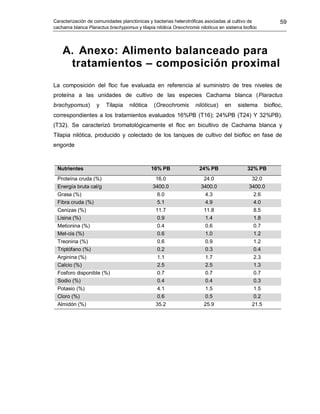 Caracterización de comunidades planctónicas y bacterias heterotróficas asociadas al cultivo de
cachama blanca Piaractus brachypomus y tilapia nilótica Oreochromis niloticus en sistema biofloc
59
A. Anexo: Alimento balanceado para
tratamientos – composición proximal
La composición del floc fue evaluada en referencia al suministro de tres niveles de
proteína a las unidades de cultivo de las especies Cachama blanca (Piaractus
brachypomus) y Tilapia nilótica (Oreochromis nilóticus) en sistema biofloc,
correspondientes a los tratamientos evaluados 16%PB (T16); 24%PB (T24) Y 32%PB).
(T32). Se caracterizó bromatológicamente el floc en bicultivo de Cachama blanca y
Tilapia nilótica, producido y colectado de los tanques de cultivo del biofloc en fase de
engorde
Nutrientes 16% PB 24% PB 32% PB
Proteína cruda (%) 16.0 24.0 32.0
Energía bruta cal/g 3400.0 3400.0 3400.0
Grasa (%) 6.0 4.3 2.6
Fibra cruda (%) 5.1 4.9 4.0
Cenizas (%) 11.7 11.8 8.5
Lisina (%) 0.9 1.4 1.8
Metionina (%) 0.4 0.6 0.7
Met-cis (%) 0.6 1.0 1.2
Treonina (%) 0.6 0.9 1.2
Triptófano (%) 0.2 0.3 0.4
Arginina (%) 1.1 1.7 2.3
Calcio (%) 2.5 2.5 1.3
Fosforo disponible (%) 0.7 0.7 0.7
Sodio (%) 0.4 0.4 0.3
Potasio (%) 4.1 1.5 1.5
Cloro (%) 0.6 0.5 0.2
Almidón (%) 35.2 25.9 21.5
 