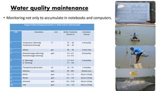 Water quality maintenance
• Monitoring not only to accumulate in notebooks and computers.
Ranges of Hydro biological parameters in Hitide seafarm, Mahendrapalli
S.No Parameters Unit Biofloc Treatment
(Pond E 4)
Estimation
interval
1 Temperature (Morning)
Temperature (Evening)
0 C 27 -- 30
30 -- 34
2 times/day
2 Salinity ppt 28 -- 40 1 time / day
3 Dissolved oxygen (Morning)
Dissolved oxygen (Evening)
ppm 3.5 – 6.5
1.5 – 9.4
8 times/day
4 pH (Morning)
pH (Evening)
7.2 – 8.3
7.1 - 8.6
2 times/day
5 Transparency (Secchi disc) cm 14 -- 55 1 time/day
Alkalinity ppm 90 -- 200 Weekly once
7 Nitrite ppm 0.5 – 1.5 Once in 10 day
8 Nitrate ppm 0.1 -- 5.0 Once in 10 day
9 Ammonia ppm 0.0 – 0.20 Once in 10 day
10 TAN ppm 0.1 – 3.0 Once in 10 day
 