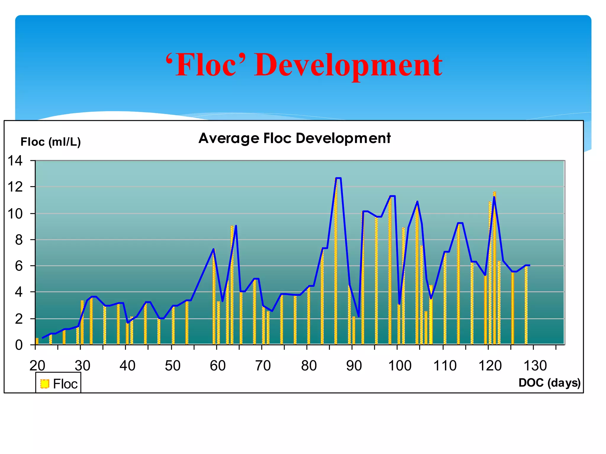 Average Floc Development 
0 
2 
4 
6 
8 
10 
12 
14 
20 30 40 50 60 70 80 90 100 110 120 130 
DOC (days) 
Floc (ml/L) 
Floc 
‘Floc’ Development 
 