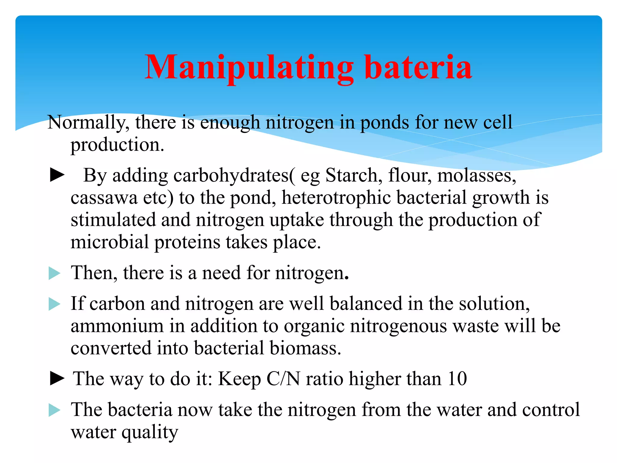 Normally, there is enough nitrogen in ponds for new cell production. 
► By adding carbohydrates( eg Starch, flour, molasses, cassawa etc) to the pond, heterotrophic bacterial growth is stimulated and nitrogen uptake through the production of microbial proteins takes place. 
Then, there is a need for nitrogen. 
If carbon and nitrogen are well balanced in the solution, ammonium in addition to organic nitrogenous waste will be converted into bacterial biomass. 
► The way to do it: Keep C/N ratio higher than 10 
The bacteria now take the nitrogen from the water and control water quality 
Manipulating bateria  