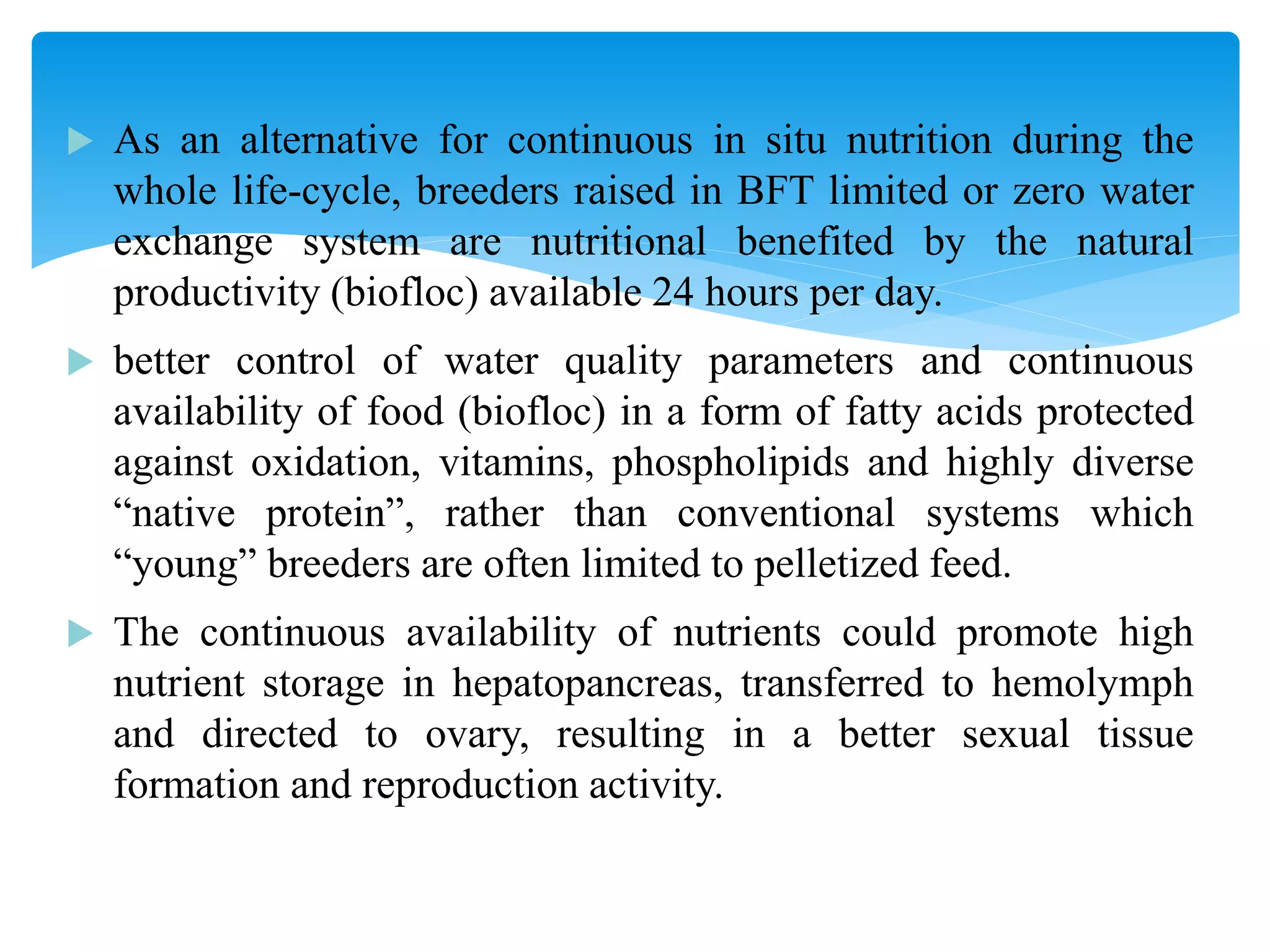 As an alternative for continuous in situ nutrition during the whole life-cycle, breeders raised in BFT limited or zero water exchange system are nutritional benefited by the natural productivity (biofloc) available 24 hours per day. 
better control of water quality parameters and continuous availability of food (biofloc) in a form of fatty acids protected against oxidation, vitamins, phospholipids and highly diverse “native protein”, rather than conventional systems which “young” breeders are often limited to pelletized feed. 
The continuous availability of nutrients could promote high nutrient storage in hepatopancreas, transferred to hemolymph and directed to ovary, resulting in a better sexual tissue formation and reproduction activity.  