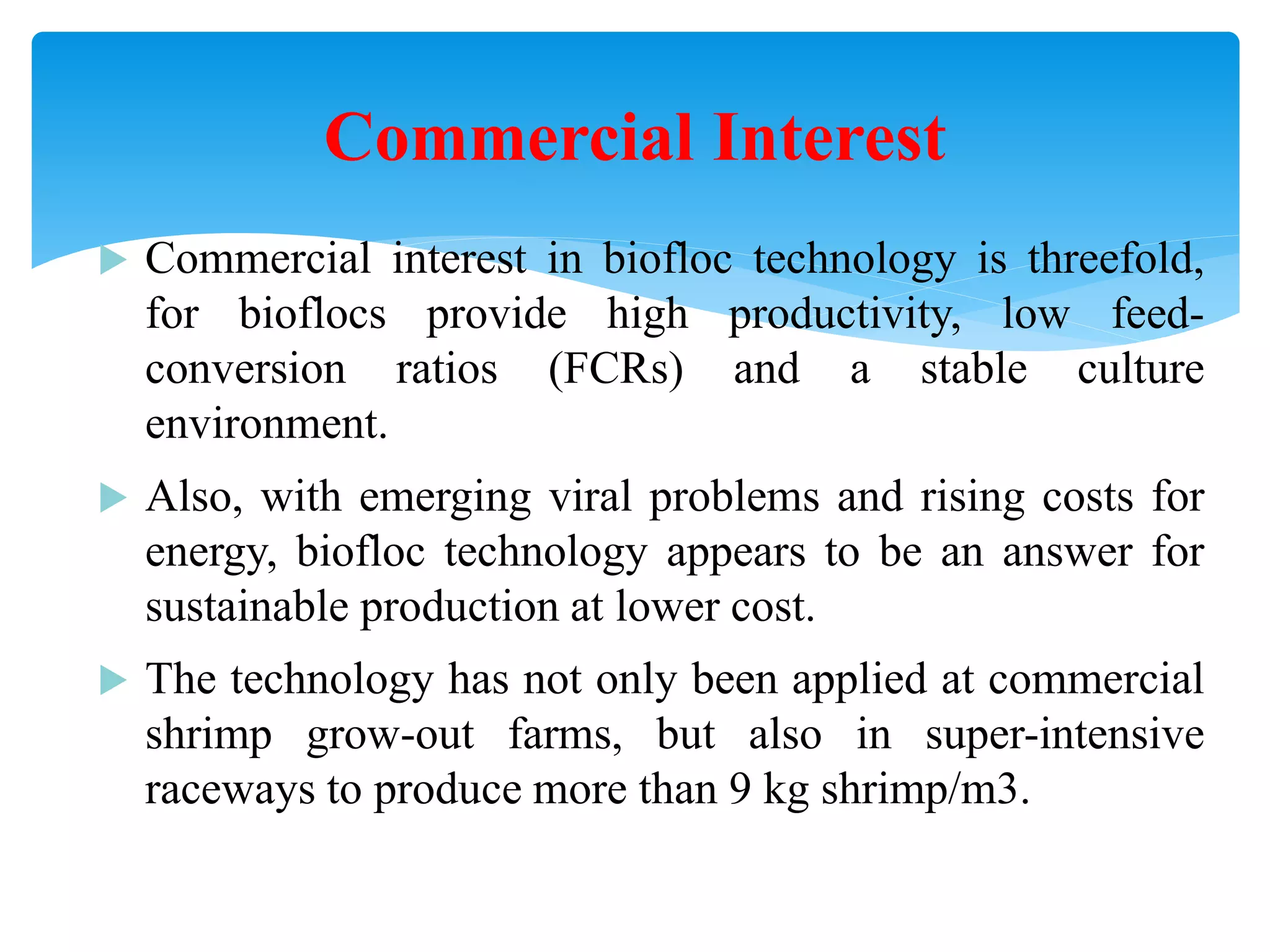 Commercial interest in biofloc technology is threefold, for bioflocs provide high productivity, low feed- conversion ratios (FCRs) and a stable culture environment. 
Also, with emerging viral problems and rising costs for energy, biofloc technology appears to be an answer for sustainable production at lower cost. 
The technology has not only been applied at commercial shrimp grow-out farms, but also in super-intensive raceways to produce more than 9 kg shrimp/m3. 
Commercial Interest  