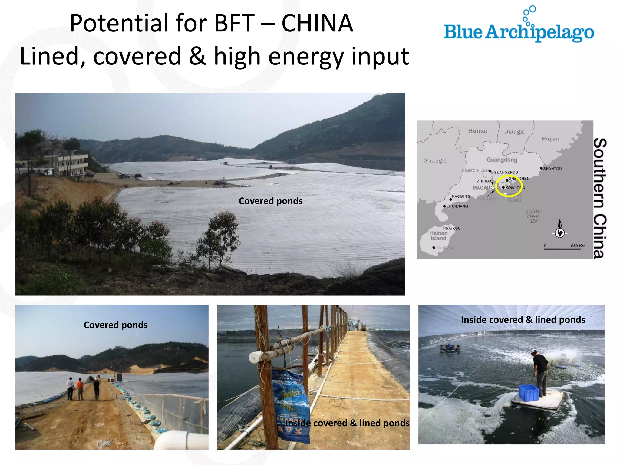 Potential for BFT – CHINA Lined, covered & high energy input 
Inside covered & lined ponds 
Inside covered & lined ponds 
Covered ponds 
Covered ponds  