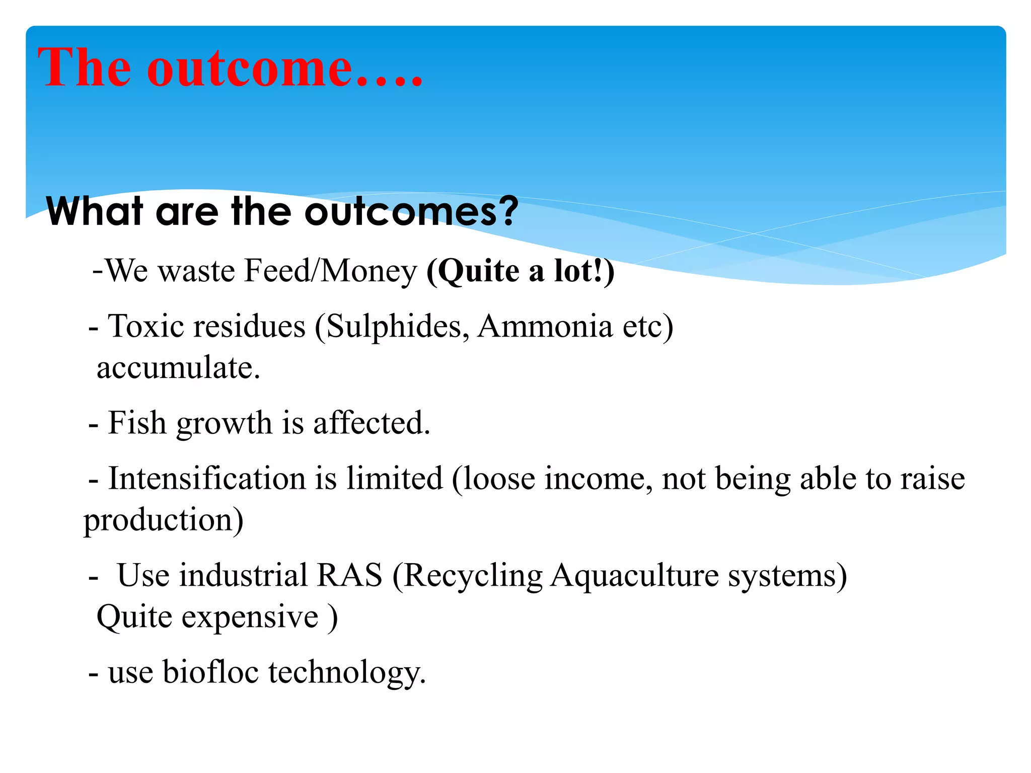 What are the outcomes? 
-We waste Feed/Money (Quite a lot!) 
- Toxic residues (Sulphides, Ammonia etc) accumulate. 
- Fish growth is affected. 
- Intensification is limited (loose income, not being able to raise production) 
- Use industrial RAS (Recycling Aquaculture systems) Quite expensive ) 
- use biofloc technology. 
The outcome….  