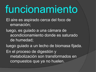 funcionamientoEl aire es aspirado cerca del foco de emanación; luego, es guiado a una cámara de acondicionamiento donde es saturado de humedad;luego guiado a un lecho de biomasa fijada. En el proceso de digestión y metabolización son transformados en compuestos que ya no huelen.