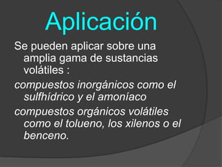      AplicaciónSe pueden aplicar sobre una amplia gama de sustancias volátiles :compuestos inorgánicos como el sulfhídrico y el amoníacocompuestos orgánicos volátiles como el tolueno, los xilenos o el benceno. 