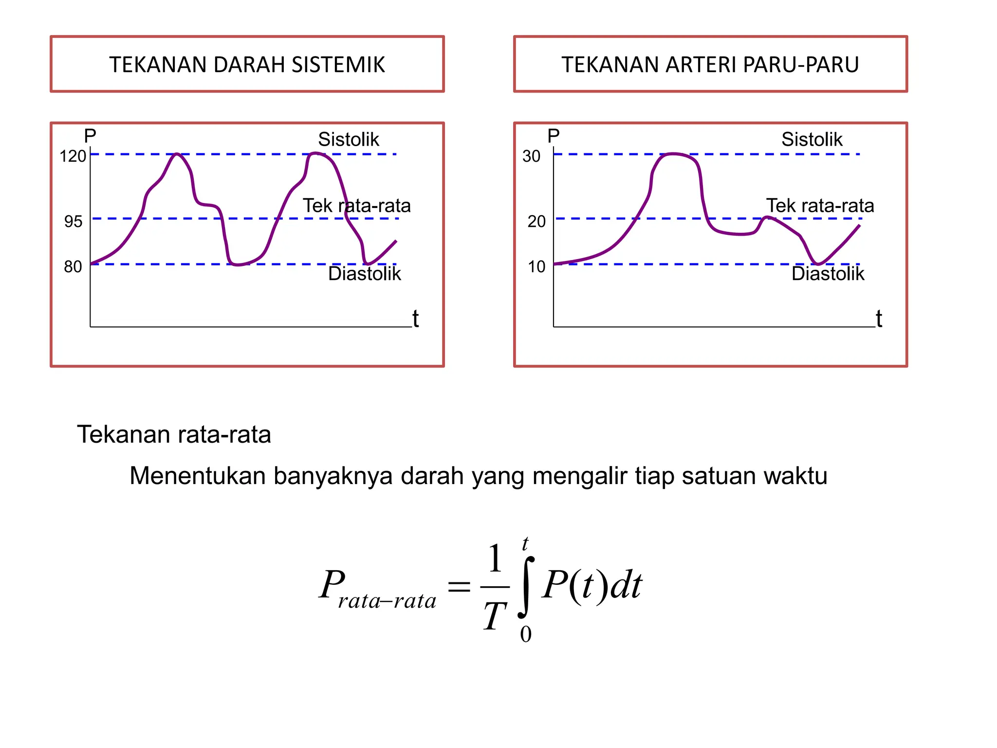 TEKANAN DARAH SISTEMIK
120
95
80
Sistolik
Diastolik
Tek rata-rata
t
P
TEKANAN ARTERI PARU-PARU
30
20
10
Sistolik
Diastolik
Tek rata-rata
t
P
Tekanan rata-rata
Menentukan banyaknya darah yang mengalir tiap satuan waktu



t
rata
rata dt
t
P
T
P
0
)
(
1
 