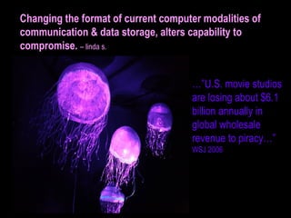 Changing the format of current computer modalities of
communication & data storage, alters capability to
compromise. – linda s.
…”U.S. movie studios
are losing about $6.1
billion annually in
global wholesale
revenue to piracy…”
WSJ 2006

 
