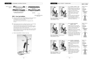 MOVABLE PULLEY
POSITIONS
MOVABLE PULLEY
POSITIONS
MOVABLE PULLEY
POSITIONS
BIO FORCETM
EXERCISES
75
ARMS
SEATED WRIST CURL
START: Sit facing away. Lean forward
and rest forearms on lower thighs. Grip
handles in underhand grip with palms
facing up and wrists extended.
MOTION: Flex wrists and curl handles
toward forearms. Pause at top of
motion. Extend wrists to starting
position.
TIPS: Lean forward with straight back.
Do not round upper or lower spine.
Avoid bending elbows or lifting
forearms while flexing wrists. Contract
abdominals to stabilize torso.
90
MUSCLE GROUPS EXERCISED: Forearm flexors
LEVEL OF DIFFICULTY: Beginner
SEAT: On/Bottom
Position
LEG LIFT: Off
ACCESSORIES:
Handles
SEATED REVERSE
WRIST CURL
START: Sit facing away. Lean forward
and rest forearms on lower thighs. Grip
handles in overhand grip with palms
facing down and wrists flexed.
MOTION: Extend wrists and curl handles
toward forearms. Pause at top of motion.
Flex wrists to starting position.
TIPS: Lean forward with straight back. Do
not round upper or lower spine. Avoid
bending elbows or lifting forearms while
extending wrists. Contract abdominals
to stabilize torso.
91
MUSCLE GROUPS EXERCISED: Forearm extensors
LEVEL OF DIFFICULTY: Beginner
SEAT: On/Bottom
Position
LEG LIFT: Off
ACCESSORIES:
Handles
SEATED OVERHEAD
TRICEPS EXTENSION
START: Sit facing away. Grip handles
behind head. Point elbows front at
shoulder height.
MOTION: Extend elbows and press
handles overhead. Pause at top of
motion. Bend elbows back to starting
position.
TIPS: Keep elbows in start position
throughout exercise. Do not open
elbows to sides. Keep wrists straight.
Maintain upright posture in seated
position. Contract abdominals to
stabilize torso.
92
MUSCLE GROUPS EXERCISED: Triceps
LEVEL OF DIFFICULTY: Intermediate
SEAT: On/Top
Position
LEG LIFT: On
ACCESSORIES:
Handles
14
ASSEMBLY INSTRUCTIONS
STEP 5 – Cover Cap Installation
a. Remove the 2 (M6 x 29mm) Phillips Bolts from the Top Cover Cap for
the Perforated Cover with the Phillips Screwdriver provided,
and separate the front & rear sections.
Note: The Cover Cap with the Bio ForceTM
Logo goes on the
top front.
b. Place the Top Cover Cap on by sliding the groove in it over the edge
of the Perforated Cover. You may need to tap it into place.
Set the rear of the Top Cover Cap in place. Secure the two together
using the 2 (M6 x 29mm) Phillips Bolts you just removed in Step 5a
and inserting them back into the 2 center holes.
Secure the Rear Cover Cap to the Frame with 2 (M4 x 20mm) Phillips
Screws, inserting into the 2 outer holes. Tighten the bolts using the
Phillips Screwdriver provided.
c. Repeat item a and b for the Bottom Cover Cap.
5b
5c
Perforated
Cover
Cover Caps w/Phillips Bolts (M6 x 29mm)
and Phillips Screws (M4 x 20mm)
Parts used in
STEP 5
Phillips Bolts (M6 x 29mm)
FRONT
---------------
REAR
Outer Holes
Center Holes
Phillips Screws for Outer Holes
(M4 x 20mm)
RT RB
FB
 