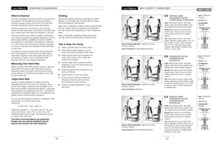 BIO FORCETM
EXERCISES
63
CHEST & BACK
SINGLE ARM
STANDING ROW -
OVERHAND POSITION
START: Stand facing frame. Rest legs
against pads. Bend knees slightly. Grip
one handle with thumb facing inward.
MOTION: Bend elbow and pull handle
toward waist. Pause at end of motion.
Extend elbow and return to starting
position.
TIPS: Keep elbow close to side while
pulling. Maintain upright posture. Do not
lean forward or back. Keep shoulders
level. Do not rotate side while pulling.
Contract abdominals to stabilize back.
Perform on both sides.
56
MUSCLE GROUPS EXERCISED: Latissimus, biceps,
posterior deltoids
LEVEL OF DIFFICULTY: Intermediate/Advanced
STANDING ROW -
UNDERHAND
POSITION
START: Stand facing frame. Rest legs
against pads. Bend knees slightly. Grip
handles with thumbs facing outward.
MOTION: Bend elbows and pull handles
toward waist. Pause at end of motion.
Extend elbows and return to starting
position.
TIPS: Keep elbows close to sides while
pulling. Squeeze shoulder blades togeth-
er. Maintain upright posture. Do not lean
forward or back. Contract abdominals
to stabilize back.
57
MUSCLE GROUPS EXERCISED: Latissimus, biceps,
posterior deltoids
LEVEL OF DIFFICULTY: Beginner
SINGLE ARM
STANDING ROW -
UNDERHAND
POSITION
START: Stand facing frame. Rest legs
against pads. Bend knees slightly. Grip
one handle with thumb facing outward.
MOTION: Bend elbow and pull handle
toward waist. Pause at end of motion.
Extend elbow and return to starting
position.
TIPS: Keep elbow close to side while
pulling. Maintain upright posture. Do not
lean forward or back. Keep shoulders
level. Do not rotate side while pulling.
Contract abdominals to stabilize back.
Perform on both sides.
58
MUSCLE GROUPS EXERCISED: Latissimus, biceps,
posterior deltoids
LEVEL OF DIFFICULTY: Intermediate/Advanced
MOVABLE PULLEY
POSITIONS
MOVABLE PULLEY
POSITIONS
MOVABLE PULLEY
POSITIONS
SEAT: On/Bottom
Position
LEG LIFT: On
ACCESSORIES:
Handles
SEAT: On/Bottom
Position
LEG LIFT: On
ACCESSORIES:
Handles
SEAT: On/Bottom
Position
LEG LIFT: On
ACCESSORIES:
Handles
26
EXERCISE GUIDELINES
When to Exercise
The hour just before the evening meal is a popular time
for exercise. The late afternoon workout provides a
welcome change of pace at the end of the work day
and helps dissolve the day's worries and tensions.
Another popular time to work out is early morning,
before the work day begins. Advocates of the early start
say it makes them more alert and energetic on the job.
Among the factors you should consider in developing
your workout schedule are personal preference, job and
family responsibilities, availability of exercise facilities
and weather. It's important to schedule your workouts
for a time when there is little chance that you will have
to cancel or interrupt them because of other demands
on your time.
You should not exercise strenuously during extremely
hot, humid weather or within two hours after eating.
Heat and/or digestion both make heavy demands on
the circulatory system, and in combination with
exercise can be an over-taxing double load.
Measuring Your Heart Rate
When checking Heart Rate during a workout, take your
pulse within five seconds after interrupting exercise
because it starts to go down once you stop moving.
Count pulse for 10 seconds and multiply by six to get
the per-minute rate.
Target Heart Rate
Aerobic intensity guidelines for healthy adults are
generally set at 60 to 85 percent of heart rate. But, if
you’re out of shape, remember that moderate to low
level and consistent cardiovascular training – well below
the standard recommendations set forth – can result in
substantial and beneficial effects to your health and can
greatly improve cardiovascular endurance.
You can use the following calculation to determine what
percentage of your heart rate you are
working at:
% heart rate = (220 - age) x %.
Using this calculation, a 70% heart rate for a 40 year
old would be (220 - 40) x 70% or 126. Thus, this
individual would need to reach 126 beats per minute
to equal a 70% heart rate.
The above recommendations are guidelines.
People with any medical limitations should
discuss this formula with their physician.
Clothing
All exercise clothing should be loose-fitting to permit
freedom of movement, and should make the wearer
feel comfortable and self-assured.
Never wear rubberized or plastic clothing, garments like
this can interfere with the evaporation of perspiration
and can cause body temperature to rise to dangerous
levels.
Wear comfortable, supportive athletic shoes with
non-slip soles, such as running or aerobic shoes.
Tips to Keep You Going
1. Adopt a specific plan and write it down.
2. Keep setting realistic goals as you go
along, and remind yourself of them often.
3. Keep a log to record your progress and
make sure to keep it up-to-date. See
charts in this booklet.
4. Include weight and/or percent body fat
measures in your log. Extra pounds can
easily creep back.
5. Enlist the support and company of your
family and friends.
6. Update others on your successes.
7. Avoid injuries by pacing yourself and
including a warm up and cool down
period as part of every workout.
8. Reward yourself periodically for a job
well done!
 