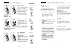 BIO FORCETM
EXERCISES
58
CHEST & BACK
CLOSED GRIP
CHEST PRESS
START: Sit facing away. Grip handles with
palms facing in. Elbows bent 90 degrees
at waist level. Cables under arms.
MOTION: Extend elbows and press arms
straight forward. Pause at end of motion.
Bend elbows back to starting position.
TIPS: Press arms forward in arcing
motion. Keep elbows in line with
shoulders and wrists straight. Maintain
upright posture in seated position.
Contract abdominals to stabilize back.
41
MUSCLE GROUPS EXERCISED: Pectoralis, triceps,
anterior deltoids
LEVEL OF DIFFICULTY: Beginner
SEAT: On/Top
Position
LEG LIFT: On
ACCESSORIES:
Handles
LAT BAR PULL DOWN
START: Sit facing frame. Grip lat bar
toward outside of handles, palms
facing forward. Lean back slightly.
MOTION: Bend elbows and pull bar down
to chest. Pause at bottom of motion.
Extend elbows and raise to starting
position.
TIPS: Hold leaning position throughout
exercise. Do not move torso forward
and back. Maintain straight spine while
leaning back. Do not round lower back.
Contract abdominals to stabilize torso.
42
MUSCLE GROUPS EXERCISED: Latissimus, biceps
LEVEL OF DIFFICULTY: Beginner
SEAT: On/Top
Position
LEG LIFT: On
ACCESSORIES: Lat
Bar/Lat Tower Pos.
LAT BAR FRONT
PULL DOWN
START: Sit facing away. Feet on base.
Grip lat bar toward outside of handles,
palms facing forward.
MOTION: Bend elbows and pull bar down
to chest. Pause at bottom of motion.
Extend elbows and raise to starting
position.
TIPS: Maintain upright posture throughout
exercise. Do not round lower back. Keep
shoulders pulled down away from ears.
Contract abdominals to stabilize torso.
43
MUSCLE GROUPS EXERCISED: Latissimus, biceps
LEVEL OF DIFFICULTY: Beginner
SEAT: On/Top
Position
LEG LIFT: On
ACCESSORIES: Lat
Bar/Lat Tower Pos.
MOVABLE PULLEY
POSITIONS
MOVABLE PULLEY
POSITIONS
MOVABLE PULLEY
POSITIONS
31
8 WEEK BODY TRANSFORMATION PLAN
PART ONE:
STRENGTH TRAINING WITH THE
BIO FORCETM
EXERCISER
The first part of our fitness equation is strength
training. The benefits of strength training are well
known…but just in case you forgot…here are a few
highlights, courtesy of my friend Douglas Brooks,
MS, Exercise Physiologist:
• Fat Loss, Weight Control, Weight Maintenance
One advantage resistance training offers is a
leaner body. Maintaining or increasing muscle
mass preserves your ability to burn higher
numbers of calories. Your body is operating
at a higher metabolic rate and it's easier to
maintain or lose weight.
• Increased Metabolism
If you have a lot of muscle, your metabolism is
higher and you "burn" more calories since muscle
is metabolically active.
• Increased Calorie Burning During Resistance
Training
Any activity, including strength training, burns
calories during the activity and contributes to
fitness.
• Increased Calorie Burning After Exercise
Vigorous strength training significantly elevates
calorie burning (metabolic rate) anywhere from
30 to 60 minutes or longer after you've finished.
• Reductions in Resting Blood Pressure
If you have high blood pressure or borderline high
blood pressure, generally it's acceptable to use
moderate resistance and perform 15-20 repetitions
to fatigue. Diet and exercise can lower blood
pressure. Check with a doctor to get a specific
recommendation.
• Positive Changes in Cholesterol Profiles
HDL cholesterol (the "good guy") is raised
primarily by exercising and losing fat. Of course,
diet (i.e., proper food choices) is important to
lower harmful LDL (the "bad guy" cholesterol)
and triglycerides (fat).
• A Stronger Body That is Less Prone to Injuries
Stronger muscles increase the thickness and
strength of tendons (which connect muscles to
bones) and ligaments (which provide integrity to
joints by connecting bone-to-bone). Stronger
muscles let you perform better, and with less
chance of injury to the muscles, tendons,
ligaments and joints.
• Personal Physical Independence
Many people lose their "freedom" because they've
lost the strength to be mobile. Strong individuals
perform better and physical activity feels good to
their bodies.
• Improved Posture
Strength and flexibility are the keys to correct
body alignment. You quite possibly will look
and feel better!
• Improved Physical Image
Strength training will change how you look. If you
don't believe this, compare a runner who only
trains the cardiovascular system with an athlete
who strength trains as well as participates in
aerobic activity.
• Improved Self-Esteem
You'll feel strong, look strong and think that you're
strong. In fact, you will be strong!
Now that we've reviewed why it is important to strength
train, there is no question that you should do it! At the
end of this section you will find my 8 week workout plan
that shows you exactly how to use your Bio ForceTM
exerciser for the next eight weeks.
 