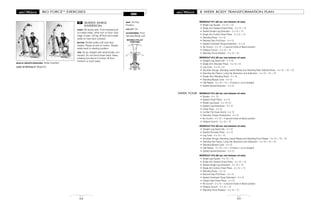 BIO FORCETM
EXERCISES
LEGS
54
MOVABLE PULLEY
POSITIONS
SEATED ANKLE
INVERSION
START: Sit facing side. Foot harness/cuff
on inside ankle, other foot on floor. Grip
edge of seat. Lift leg off floor and rotate
ankle so toes face outward.
MOTION: Rotate ankle until toes face
inward. Pause at end of motion. Rotate
ankle back to starting position.
TIPS: Sit up straight with abdominals con-
tracted. Do not bend lower back. Keep
rotating foot about 6 inches off floor.
Perform on both sides
MUSCLE GROUPS EXERCISED: Ankle inverters
LEVEL OF DIFFICULTY: Beginner
SEAT: On/Top
Position
LEG LIFT: On
ACCESSORIES: Foot
harness/Ankle cuff
31
35
8 WEEK BODY TRANSFORMATION PLAN
WORKOUT #11 (60 sec rest between all sets)
• Single Leg Squats - 4 x 12 + 12
• Single Arm Seated Chest Press - 4 x 12 + 12
• Seated Single Leg Extension - 2 x 12 + 12
• Single Arm Incline Chest Press - 2 x 12 + 12
• Standing Rows - 4 x 12
• Reverse Grip Pull Down - 4 x 12
• Seated Overhead Triceps Extension - 4 x 12
• Ab Crunch - 2 x 12 – 2 second holds at flexed position
• Oblique Crunch - 2 x 12 + 12
• Standing Trunk Rotation - 2 x 12 + 12
WORKOUT #12 (60 sec rest between all sets)
• Straight Leg Dead Lifts - 4 x 12
• Single Arm Shoulder Press - 4 x 12 +12
• Leg Curls - 4 x 12 +12
• Shoulder Shrugs, Standing Lateral Raises and Standing Rear Deltoids Rows - 4 x 12 + 12 + 12
• Standing Hip Flexion, Lying Hip Abduction and Adduction - 3 x 10 + 10 + 10
• Single Arm Standing Rows - 4 x 12
• Standing Biceps Curls - 4 x 12
• Calf Raises - 4 x 10 + 10 + 10 (toes in, out & straight)
• Seated Spinal Extension - 4 x 12
WORKOUT #13 (60 sec rest between all sets)
• Squats - 4 x 12
• Seated Chest Press - 4 x 12
• Single Leg Squat - 2 x 12+12
• Seated Leg Extensions - 2 x 12
• Chest Flyes - 2 x 12
• Lat Bar Pull Down (front) - 4 x 12
• Standing Triceps Pushdowns - 4 x 12
• Ab Crunch - 4 x 12 – 4 second holds at flexed position
• Oblique Crunch - 2 x 12 + 12
WORKOUT #14 (60 sec rest between all sets)
• Straight Leg Dead Lifts - 4 x 12
• Seated Shoulder Press - 4 x 12
• Leg Curls - 4 x 12 + 12
• Shoulder Shrugs, Standing Lateral Raises and Standing Front Raises - 4 x 10 + 10 + 10
• Standing Hip Flexion, Lying Hip Abduction and Adduction - 4 x 10 + 10 + 10
• Standing Biceps Curls - 4 x 12
• Calf Raises - 4 x 10 + 10 + 10 (toes in, out & straight)
• Seated Spinal Extension - 4 x 12
WORKOUT #15 (60 sec rest between all sets)
• Single Leg Squats - 4 x 12 + 12
• Single Arm Seated Chest Press - 4 x 12 + 12
• Seated Single Leg Extension - 2 x 12 + 12
• Single Arm Incline Chest Press - 2 x 12 + 12
• Standing Rows - 4 x 12
• Reverse Grip Pull Down - 4 x 12
• Seated Overhead Tricep Extension - 4 x 12
• Closed Grip Chest Press - 2 x 12
• Ab Crunch - 2 x 12 – 3 second holds at flexed position
• Oblique Crunch - 2 x 12 + 12
• Standing Trunk Rotation - 2 x 12 + 12
WEEK FOUR
 