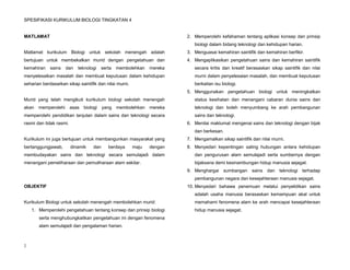 SPESIFIKASI KURIKULUM BIOLOGI TINGKATAN 4


MATLAMAT                                                                2. Memperolehi kefahaman tentang aplikasi konsep dan prinsip
                                                                           biologi dalam bidang teknologi dan kehidupan harian.
Matlamat kurikulum Biologi untuk sekolah menengah adalah                3. Menguasai kemahiran saintifik dan kemahiran berfikir.
bertujuan untuk membekalkan murid dengan pengetahuan dan                4. Mengaplikasikan pengetahuan sains dan kemahiran saintifik
kemahiran    sains   dan    teknologi   serta   membolehkan    mereka      secara kritis dan kreatif berasaskan sikap saintifik dan nilai
menyelesaikan masalah dan membuat keputusan dalam kehidupan                murni dalam penyelesaian masalah, dan membuat keputusan
seharian berdasarkan sikap saintifik dan nilai murni.                      berkaitan isu biologi.
                                                                        5. Menggunakan pengetahuan biologi untuk meningkatkan
Murid yang telah mengikuti kurikulum biologi sekolah menengah              status kesihatan dan menangani cabaran dunia sains dan
akan memperolehi asas biologi yang membolehkan mereka                      teknologi dan boleh menyumbang ke arah pembangunan
memperolehi pendidikan lanjutan dalam sains dan teknologi secara           sains dan teknologi.
rasmi dan tidak rasmi.                                                  6. Menilai maklumat mengenai sains dan teknologi dengan bijak
                                                                           dan berkesan.
Kurikulum ini juga bertujuan untuk membangunkan masyarakat yang         7. Mengamalkan sikap saintifik dan nilai murni.
bertanggungjawab,        dinamik   dan     berdaya      maju   dengan   8. Menyedari kepentingan saling hubungan antara kehidupan
membudayakan sains dan teknologi secara semulajadi dalam                   dan pengurusan alam semulajadi serta sumbernya dengan
menangani pemeliharaan dan pemuliharaan alam sekitar.                      bijaksana demi kesinambungan hidup manusia sejagat.
                                                                        9. Menghargai sumbangan sains dan teknologi terhadap
                                                                           pembangunan negara dan kesejahteraan manusia sejagat.
OBJEKTIF                                                                10. Menyedari bahawa penemuan melalui penyelidikan sains
                                                                           adalah usaha manusia berasaskan kemampuan akal untuk
Kurikulum Biologi untuk sekolah menengah membolehkan murid:                memahami fenomena alam ke arah mencapai kesejahteraan
    1. Memperolehi pengetahuan tentang konsep dan prinsip biologi          hidup manusia sejagat.
       serta menghubungkaitkan pengetahuan ini dengan fenomena
       alam semulajadi dan pengalaman harian.



2
 