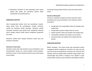 SPESIFIKASI KURIKULUM BIOLOGI TINGKATAN 4


   11. Mewujudkan kesedaran ke atas kepentingan kasih sayang        Penerangan tentang setiap kemahiran proses sains diberi seperti
       kepada alam sekitar dan memainkan peranan dalam              berikut:
       pemuliharaan dan pemeliharaannya.
                                                                    Kemahiran Manipulatif
                                                                    Kemahiran manipulatif merupakan kemahiran psikomotor dalam
KEMAHIRAN SAINTIFIK                                                 penyiasatan sains yang membolehkan murid melakukan perkara
                                                                    yang berikut:
Sains mengutamakan kaedah inkuiri dan penyelesaian masalah.
Dalam proses inkuiri dan menyelesaikan masalah, kemahiran                 menggunakan dan mengendalikan bahan dan peralatan sains
saintifik dan kemahiran berfikir digunakan. Kemahiran saintifik            dengan betul.
merupakan kemahiran yang penting untuk menjalankan sebarang               mengendalikan spesimen dengan betul dan cermat.
aktiviti mengikut kaedah saintifik seperti menjalankan eksperimen         melakar spesimen, bahan dan peralatan sains dengan tepat.
dan projek.                                                               membersihkan peralatan sains dengan cara yang betul.
                                                                          menyimpan bahan dan peralatan sains dengan betul dan
Kemahiran saintifik terdiri daripada kemahiran proses sains dan            selamat.
kemahiran manipulatif.

                                                                    KEMAHIRAN BERFIKIR


Kemahiran Proses Sains                                              Berfikir merupakan satu proses mental yang memerlukan individu
Kemahiran proses sains ialah kemahiran yang membolehkan murid       menggabung jalinkan pengetahuan, kemahiran dan sikap yang ada
mempersoalkan sesuatu dan mencari jawapan secara bersistem.         pada dirinya bagi membolehkannya memahami dan mencorak alam
Kemahiran proses ini terdiri daripada kemahiran yang mudah kepada   sekeliling. Salah satu objektif sistem pendidikan negara adalah untuk
yang kompleks.                                                      mempertingkat daya berfikir di kalangan murid. Objektif ini boleh
                                                                    dicapai melalui kurikulum yang menekankan pembelajaran berfikrah.




                                                                                                                                       3
 