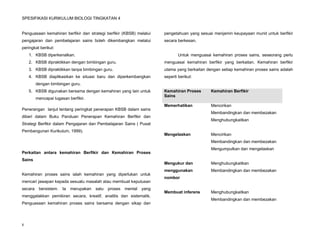 SPESIFIKASI KURIKULUM BIOLOGI TINGKATAN 4


Penguasaan kemahiran berfikir dan strategi berfikir (KBSB) melalui      pengetahuan yang sesuai menjamin keupayaan murid untuk berfikir
pengajaran dan pembelajaran sains boleh dikembangkan melalui            secara berkesan.
peringkat berikut:
    1. KBSB diperkenalkan.                                                     Untuk menguasai kemahiran proses sains, seseorang perlu
    2. KBSB dipraktikkan dengan bimbingan guru.                         menguasai kemahiran berfikir yang berkaitan. Kemahiran berfikir
    3. KBSB dipraktikkan tanpa bimbingan guru.                          utama yang berkaitan dengan setiap kemahiran proses sains adalah
    4. KBSB diaplikasikan ke situasi baru dan diperkembangkan           seperti berikut:
         dengan bimbingan guru.
    5. KBSB digunakan bersama dengan kemahiran yang lain untuk          Kemahiran Proses       Kemahiran Berfikir
                                                                        Sains
         mencapai tugasan berfikir.
                                                                        Memerhatikan           Mencirikan
Penerangan lanjut tentang peringkat penerapan KBSB dalam sains
                                                                                               Membandingkan dan membezakan
diberi dalam Buku Panduan Penerapan Kemahiran Berfikir dan
                                                                                               Menghubungkaitkan
Strategi Berfikir dalam Pengajaran dan Pembelajaran Sains ( Pusat
Pembangunan Kurikulum, 1999).
                                                                        Mengelaskan            Mencirikan
                                                                                               Membandingkan dan membezakan
                                                                                               Mengumpulkan dan mengelaskan
Perkaitan antara kemahiran Berfikir dan Kemahiran Proses
Sains
                                                                        Mengukur dan           Menghubungkaitkan
                                                                        menggunakan            Membandingkan dan membezakan
Kemahiran proses sains ialah kemahiran yang diperlukan untuk
                                                                        nombor
mencari jawapan kepada sesuatu masalah atau membuat keputusan
secara    bersistem.   Ia   merupakan   satu   proses   mental   yang
                                                                        Membuat inferens       Menghubungkaitkan
menggalakkan pemikiran secara, kreatif, analitis dan sistematik.
                                                                                               Membandingkan dan membezakan
Penguasaan kemahiran proses sains bersama dengan sikap dan




8
 