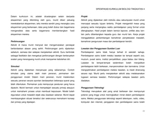 SPESIFIKASI KURIKULUM BIOLOGI TINGKATAN 4


Dalam      kurikulum      ini,   adalah    dicadangkan     selain   daripada   Projek
eksperimen yang dibimbing oleh guru, murid diberi peluang                      Aktiviti yang dijalankan oleh individu atau sekumpulan murid untuk
merekabentuk eksperimen, iaitu mereka sendiri yang merangka cara               mencapai sesuatu tujuan tertentu. Projek mengambil masa yang
eksperimen yang berkenaan, data yang boleh diukur dan bagaimana                panjang serta menjangkau waktu pembelajaran yang formal untuk
menganalisis       data     serta    bagaimana     membentangkan       hasil   dilengkapkan. Hasil projek dalam bentuk laporan, artifak atau lain-
eksperimen mereka.                                                             lain perlu dibentangkan kepada guru dan murid lain. Kerja projek
                                                                               menggalakkan perkembangan kemahiran penyelesaian masalah,
Perbincangan                                                                   kemahiran pengurusan masa dan pembelajaran kendiri.
Aktiviti di mana murid menyoal dan mengemukakan pendapat
berlandaskan alasan yang sahih. Perbincangan perlu dijalankan                  Lawatan dan Penggunaan Sumber Luar
sebelum, semasa dan selepas menjalankan aktiviti. Guru bertindak               Pembelajaran     sains tidak   hanya terhad    di   sekolah sahaja.
sebagai fasilitator dan mengetuai perbincangan dengan bertanyakan              Pembelajaran sains boleh melalui lawatan ke tempat seperti zoo,
soalan yang merangsang murid untuk mempamer kebolehan diri.                    muzium, pusat sains, institut penyelidikan, paya bakau dan kilang.
                                                                               Lawatan     ke   tempat-tempat    sedemikian    boleh    menjadikan
Simulasi                                                                       pembelajaran lebih berkesan, menyeronokkan dan bermakna. Untuk
Aktiviti yang dijalankan menyerupai yang sebenarnya. Contoh                    mengoptimakan pembelajaran melalui lawatan, ia mesti dirancang
simulasi    yang    utama        ialah   main   peranan,   permainan    dan    secara rapi. Murid perlu menjalankan aktiviti atau melaksanakan
penggunaan model. Dalam main peranan, murid melakonkan                         tugasan semasa lawatan. Perbincangan selepas lawatan perlu
sesuatu peranan secara spontan berdasarkan beberapa syarat yang                diadakan.
telah ditentukan. Permainan pula mempunyai peraturan yang harus
dipatuhi. Murid bermain untuk mempelajari sesuatu prinsip ataupun              Penggunaan Teknologi
untuk memahami proses untuk membuat keputusan. Model boleh                     Teknologi merupakan alat yang amat berkesan dan mempunyai
digunakan untuk mewakili objek atau keadaan sebenar. Murid dapat               potensi yang tinggi untuk meningkatkan minat dalam pembelajaran
membayangkan situasi tersebut dan seterusnya memahami konsep                   sains. Melalui penggunaan teknologi seperti televisyen, radio, video,
dan prinsip yang dipelajari.                                                   komputer dan internet, pengajaran dan pembelajaran sains boleh



                                                                                                                                                 15
 