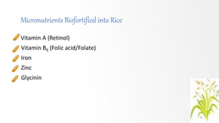 Micronutrients Biofortified into Rice
• Vitamin A (Retinol)
Vitamin B9 (Folic acid/Folate)
Iron
Zinc
Glycinin
16
 