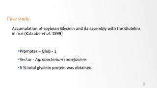 Case study
Accumulation of soybean Glycinin and its assembly with the Glutelins
in rice (Katsube et al. 1999)
44
Promoter – GluB - 1
Vector - Agrobacterium tumefaciens
5 % total glycinin protein was obtained
 