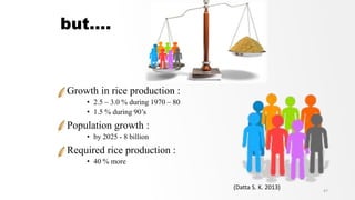 but….
• Growth in rice production :
• 2.5 – 3.0 % during 1970 – 80
• 1.5 % during 90’s
• Population growth :
• by 2025 - 8 billion
• Required rice production :
• 40 % more
47
(Datta S. K. 2013)
 