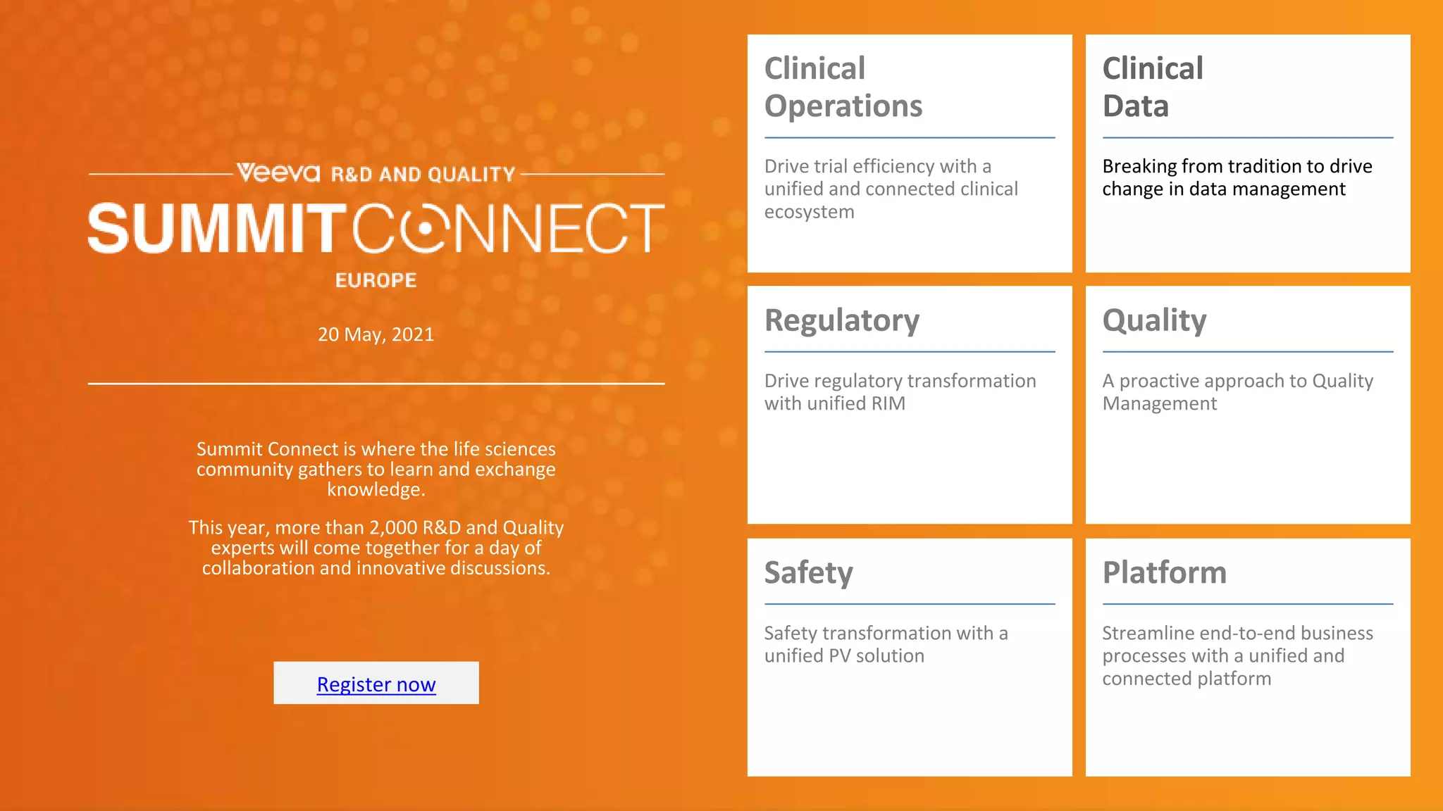 - Confidential -
Copyright © 2020,Bioforum
23
Copyright © 2021,Bioforum
Copyright © 2021,Bioforum
20 May, 2021
Register now
Summit Connect is where the life sciences
community gathers to learn and exchange
knowledge.
This year, more than 2,000 R&D and Quality
experts will come together for a day of
collaboration and innovative discussions.
Clinical
Operations
Drive trial efficiency with a
unified and connected clinical
ecosystem
Clinical
Data
Breaking from tradition to drive
change in data management
Regulatory
Drive regulatory transformation
with unified RIM
Quality
A proactive approach to Quality
Management
Safety
Safety transformation with a
unified PV solution
Platform
Streamline end-to-end business
processes with a unified and
connected platform
 